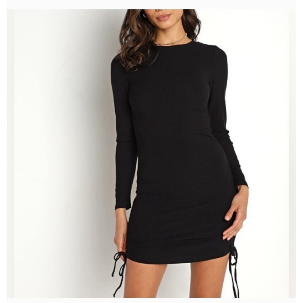 BB Dakota Ribbed Black Long Sleeve Bodycon Mini Dress Ruched Size X-Large